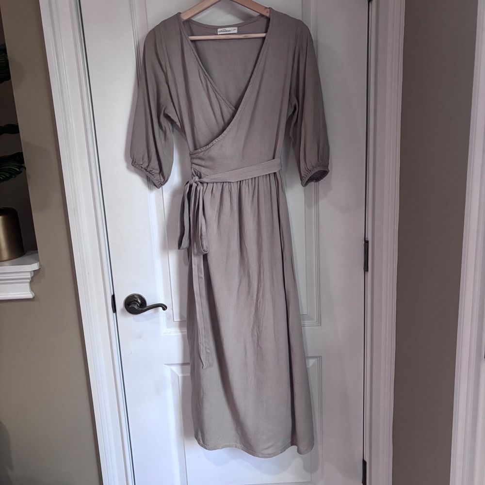 Little Cottonwood Linen Astrid Wrap Midi Dress Beige Brown Pockets Large